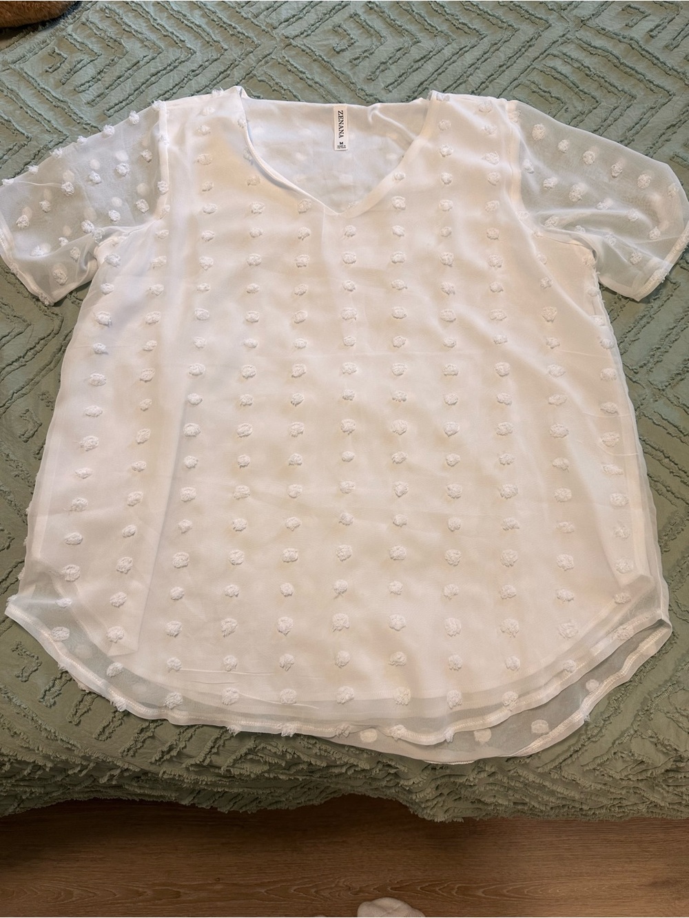 Zenana Lightweight White Swiss Dot V-Neck Women’s Top